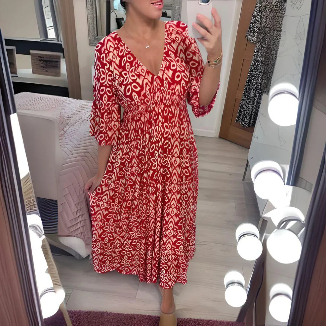 Lourdez - Boho gemustertes Maxikleid mit V-Ausschnitt