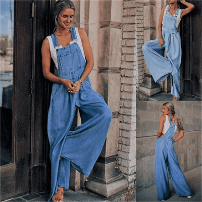 Damen-Latzhose aus Denim mit weitem Bein und verstellbaren Trägern