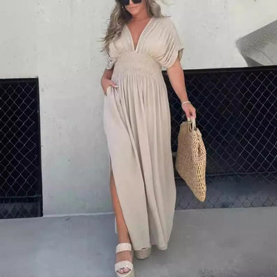 Elegantes Maxikleid Damen Sommer mit Schlitz & V-Ausschnitt | Langes Boho Strandkleid