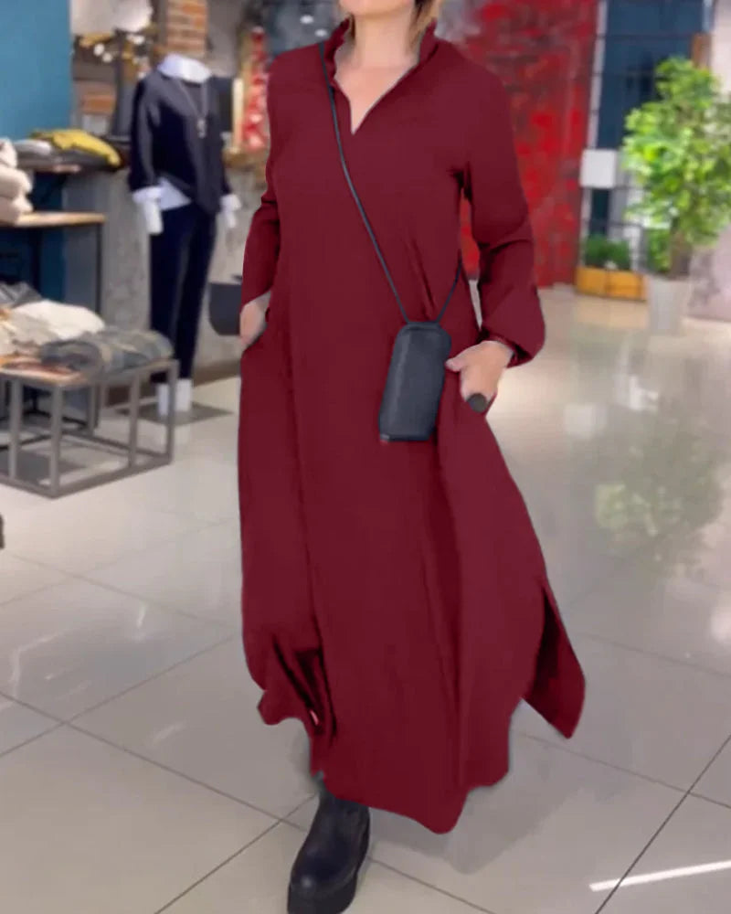 Elegantes Damen Maxikleid mit Seitenschlitz und Kragen