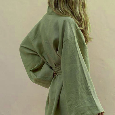 Damen Kimono Kleid Leinen – Boho Stil mit Taillengürtel für den Sommer