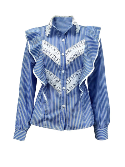 Marleisha | elegantes gestreiftes hemd mit langen armeln, spitze und rüschen