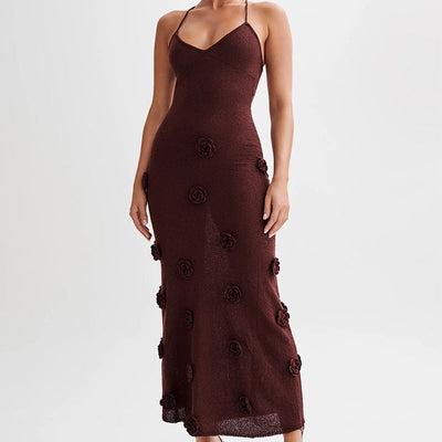 Maxikleid mit Spaghettiträgern und 3D-Blumenapplikationen für Damen
