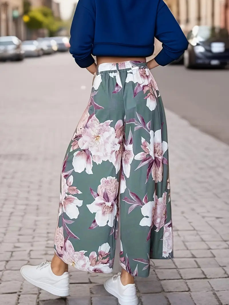 Aisling – Palazzohose mit Blumenmuster, hoher Taille und weitem Bein und Bindegürtel