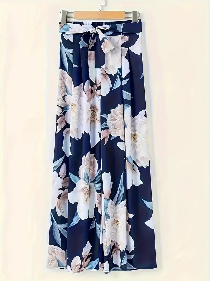 Aisling – Palazzohose mit Blumenmuster, hoher Taille und weitem Bein und Bindegürtel