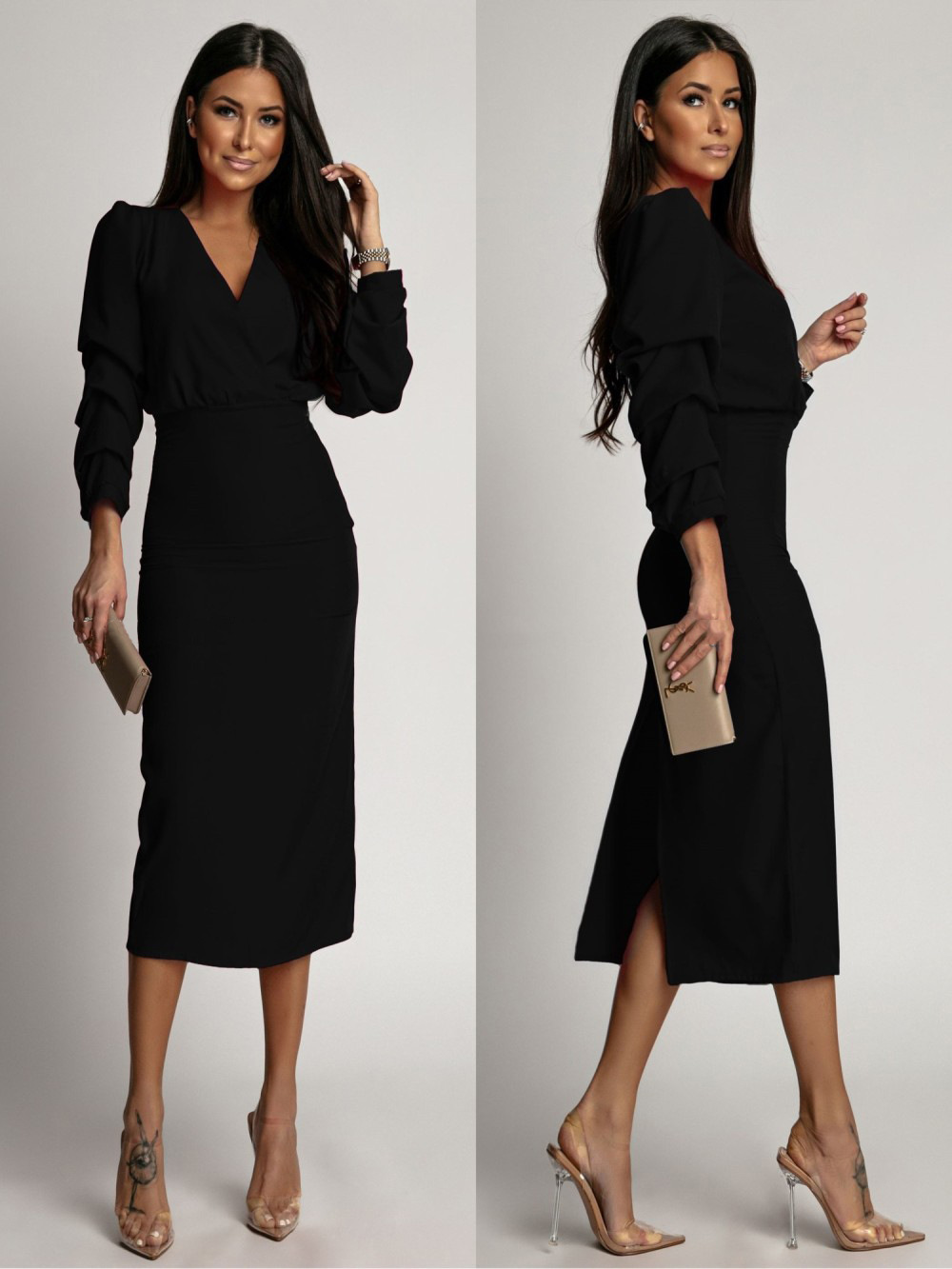 Cleopatra – Midikleid mit Cache-Cœur-Ausschnitt und Statement-Ärmeln