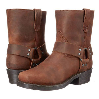 Damen-Mid-Cut-Lederstiefel im Bikerstil mit Harness-Detail