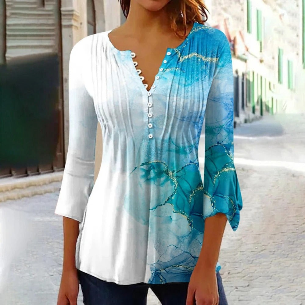Mabel - damen t-shirt mit v-ausschnitt und knopfleiste