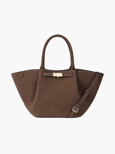 Melany | Strukturierte Tote Bag aus braunem Wildleder mit goldfarbenem Verschluss, Tragegriff & Schulterriemen