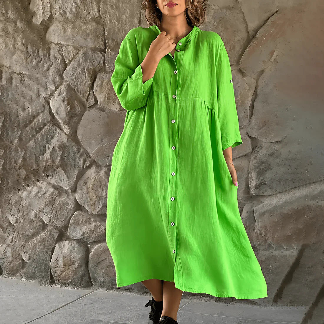 Addah – Locker geschnittenes Hemdblusenkleid aus Leinen mit Knopfleiste