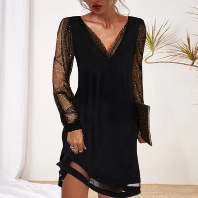 Devita – Elegantes schwarzes Kleid mit V-Ausschnitt und Netzärmeln