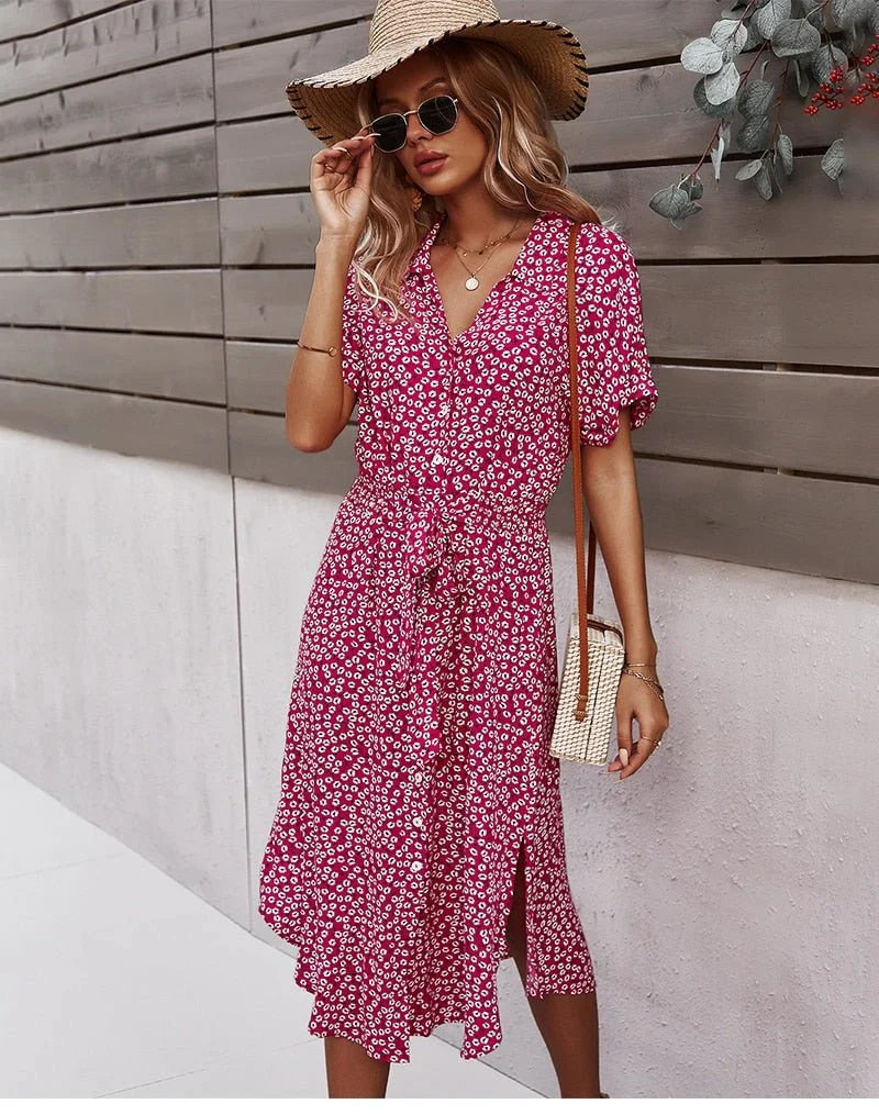 Brently – Geblümtes Midikleid mit Knopfleiste und Taillenband