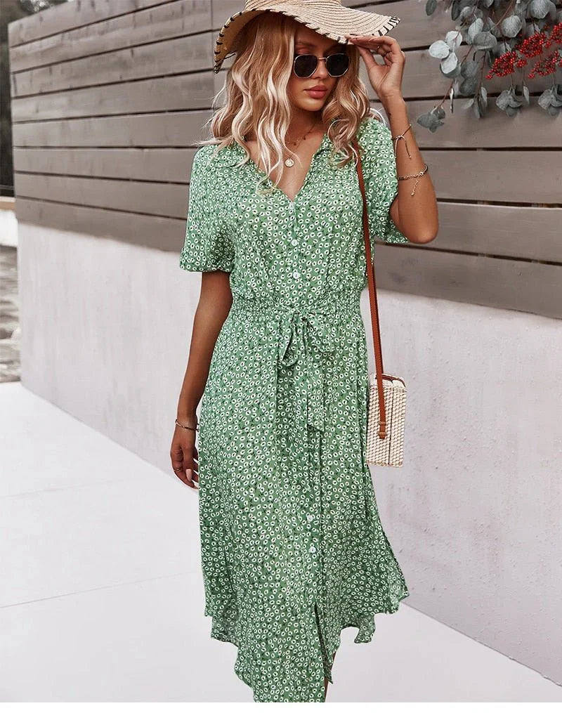 Brently – Geblümtes Midikleid mit Knopfleiste und Taillenband