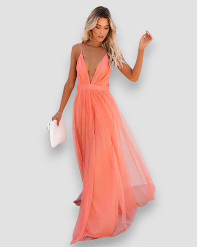 Savannah | Chiffon Maxikleid mit Tiefem Ausschnitt