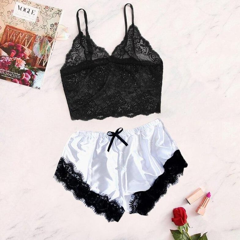 Damenpyjama aus Satin und transparenter Spitze