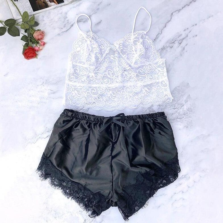 Damenpyjama aus Satin und transparenter Spitze