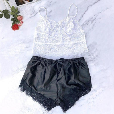 Damenpyjama aus Satin und transparenter Spitze