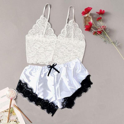 Damenpyjama aus Satin und transparenter Spitze