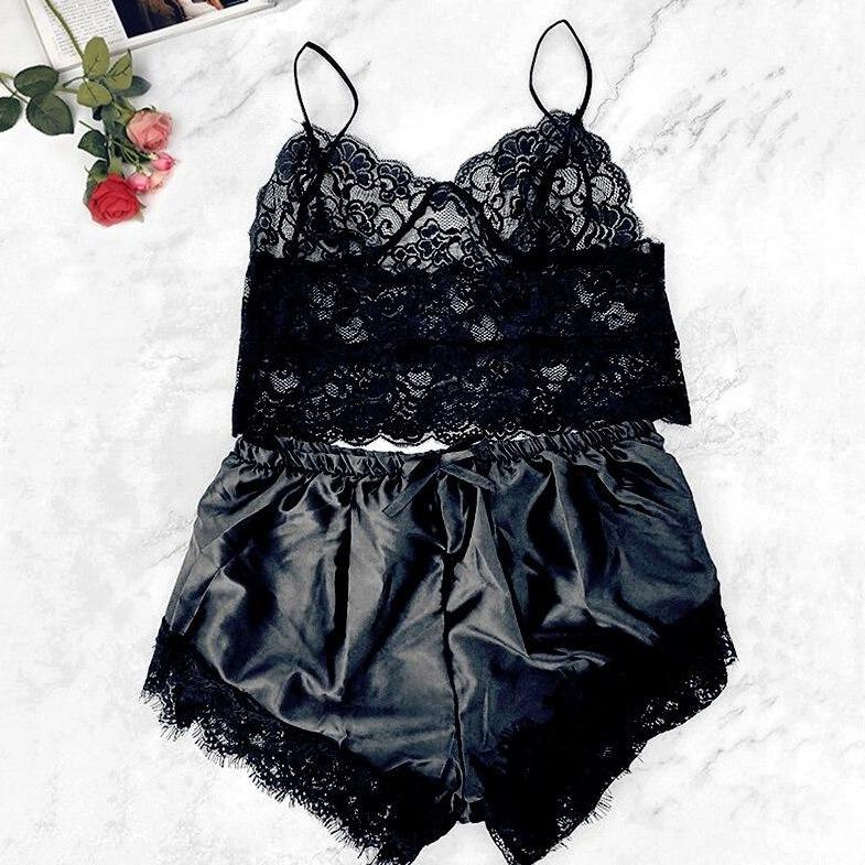 Damenpyjama aus Satin und transparenter Spitze