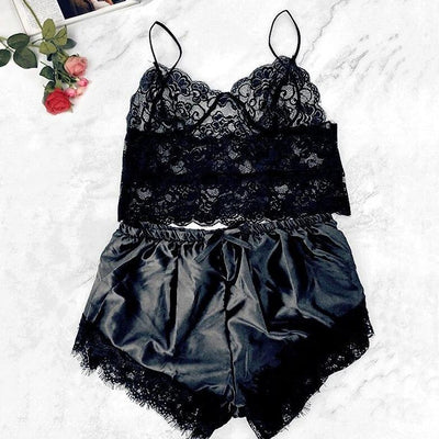 Damenpyjama aus Satin und transparenter Spitze