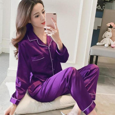 Damenpyjama aus Satin mit langen Ärmeln und Beinen