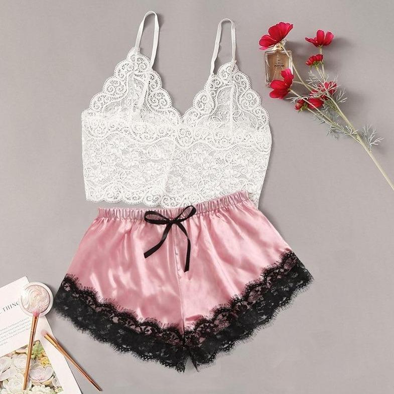 Damenpyjama aus Satin und transparenter Spitze