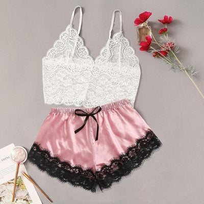 Damenpyjama aus Satin und transparenter Spitze