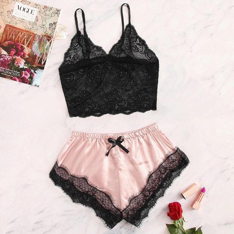 Damenpyjama aus Satin und transparenter Spitze