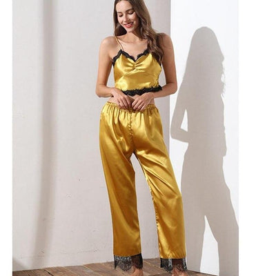 Damenpyjama aus Satin mit Spitzendetails aus einem ärmellosen Top und einer langen Hose