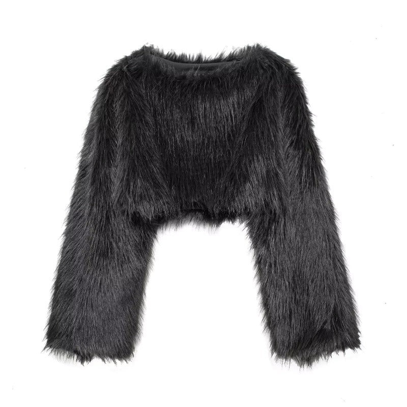 Cropped Kunstfell Pullover mit weiten Ärmeln für Damen