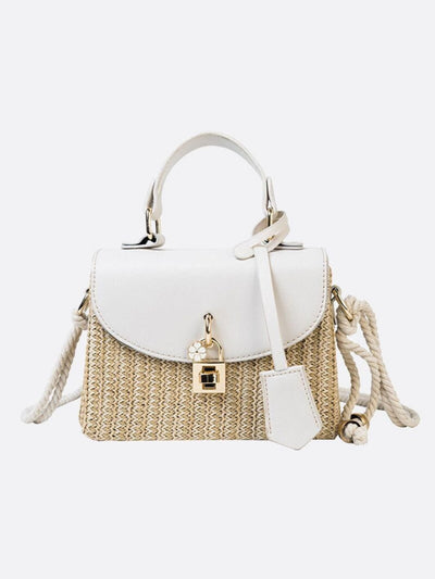 Livia | Kleine Damen-Strohtasche mit schwarzer Kunstleder-Klappe, Henkel & abnehmbarem Schultergurt – Crossbody- & Handtasche für Sommer