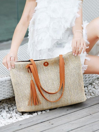 Mira | Große Strohtasche mit langen Tragehenkeln & Deko-Pompon – Sommerlicher Shopper aus Naturmaterial