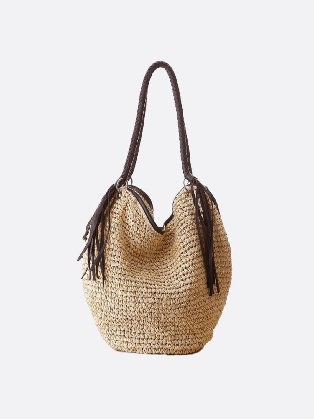 Mira | Weiche Strohtasche mit geflochtenem Schulterriemen & Lederfransen – Boho-Sommertasche für Damen