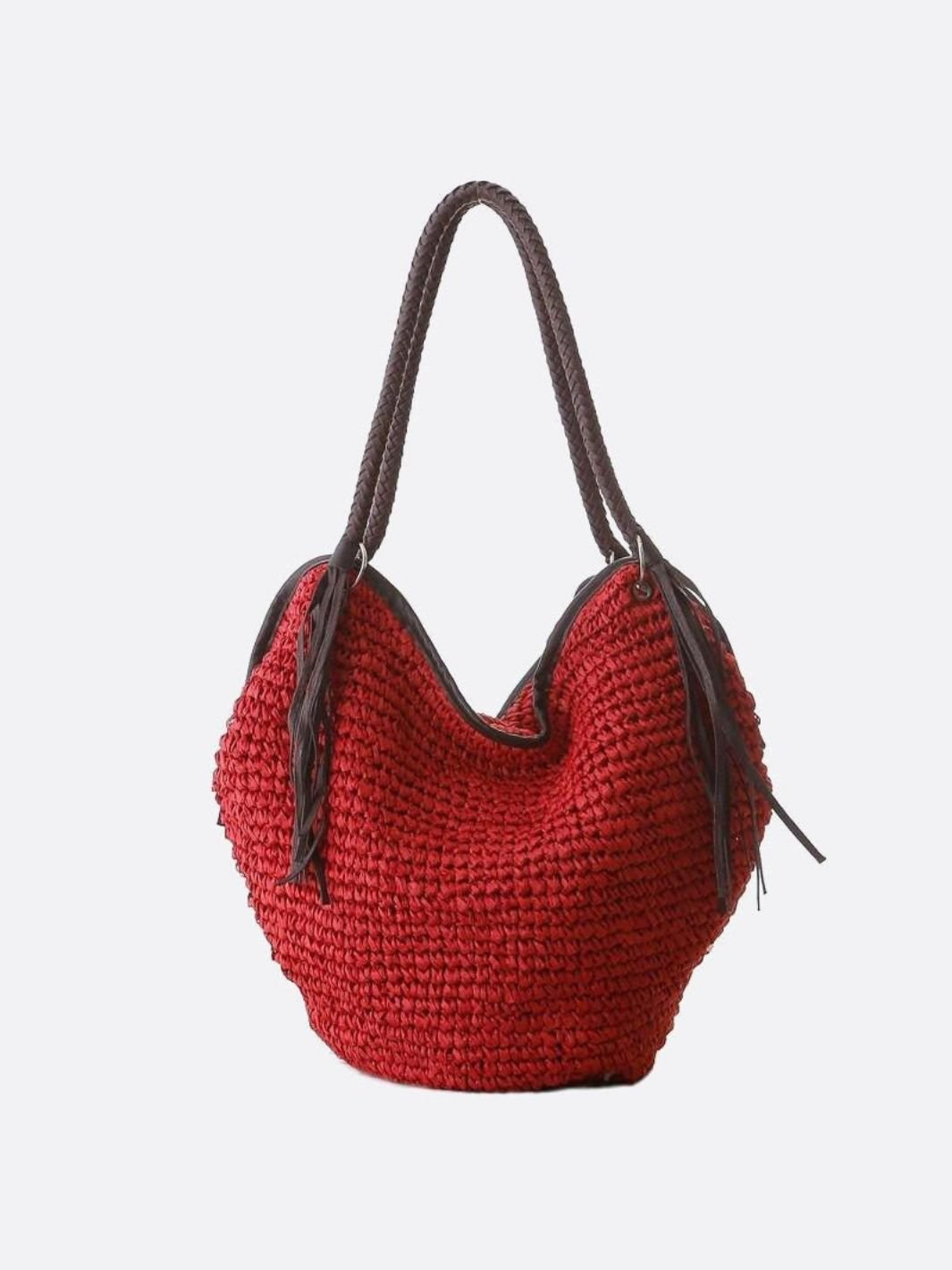 Mira | Weiche Strohtasche mit geflochtenem Schulterriemen & Lederfransen – Boho-Sommertasche für Damen