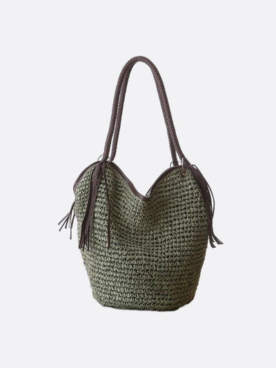 Mira | Weiche Strohtasche mit geflochtenem Schulterriemen & Lederfransen – Boho-Sommertasche für Damen