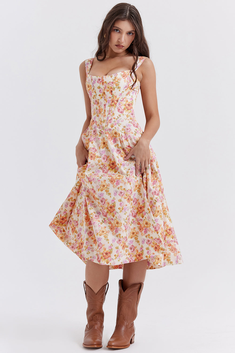 Damen-Midikleid aus Viskose mit Blumenmuster und V-Ausschnitt