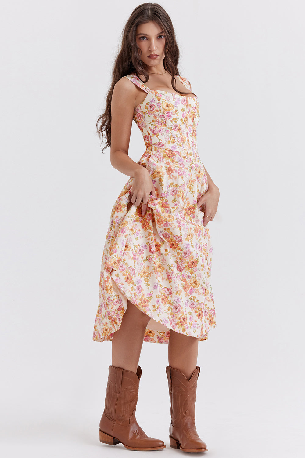 Damen-Midikleid aus Viskose mit Blumenmuster und V-Ausschnitt