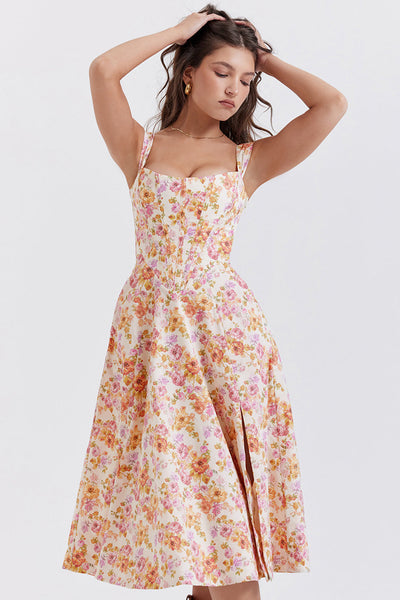 Damen-Midikleid aus Viskose mit Blumenmuster und V-Ausschnitt