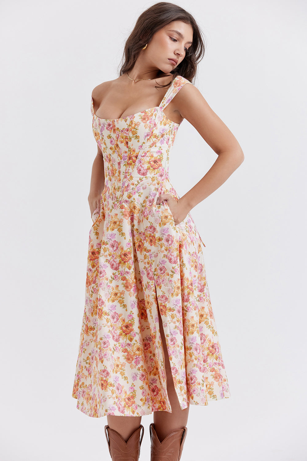 Damen-Midikleid aus Viskose mit Blumenmuster und V-Ausschnitt
