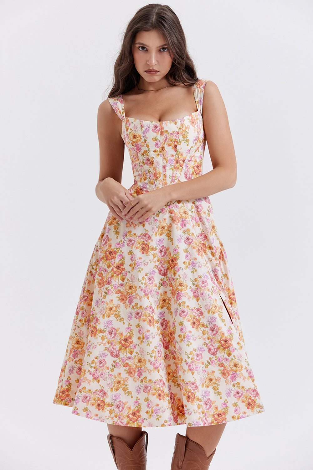 Damen-Midikleid aus Viskose mit Blumenmuster und V-Ausschnitt
