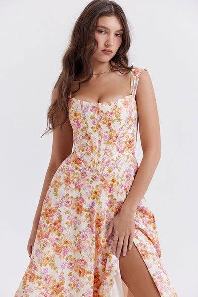 Damen-Midikleid aus Viskose mit Blumenmuster und V-Ausschnitt