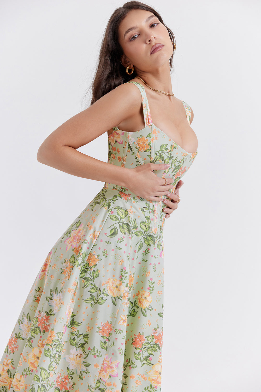 Damen-Midikleid aus Viskose mit Blumenmuster und V-Ausschnitt