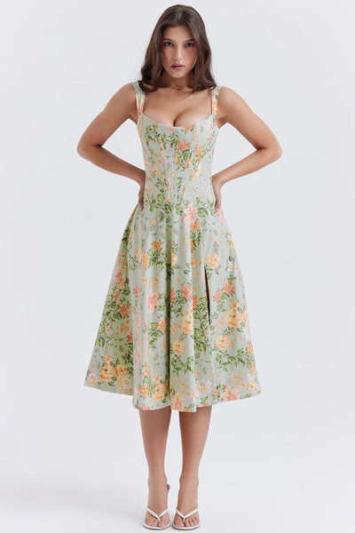 Damen-Midikleid aus Viskose mit Blumenmuster und V-Ausschnitt