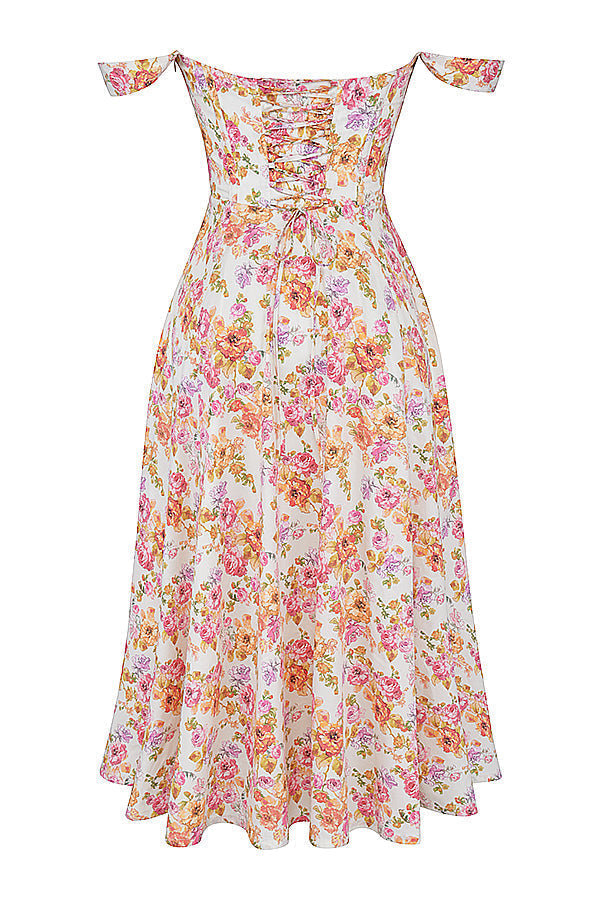 Damen-Midikleid aus Viskose mit Blumenmuster und V-Ausschnitt