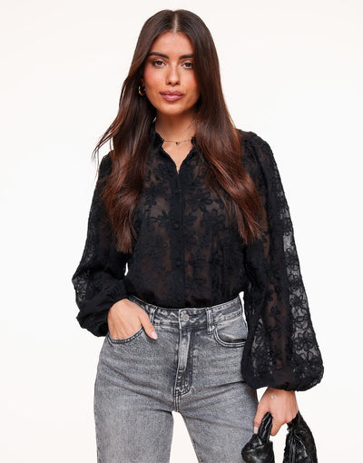 Elegante transparente Bluse mit Blumenmuster – Schwarz