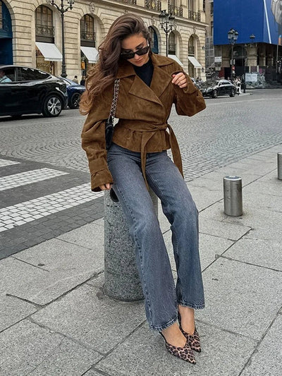 Vydra | Damen Wickelmantel Wildleder Braun Mit Bindegürtel