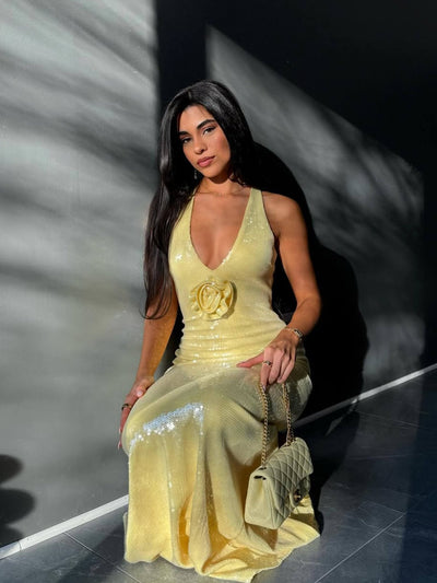 Elvia | Pailletten-Maxikleid Mit V-Ausschnitt