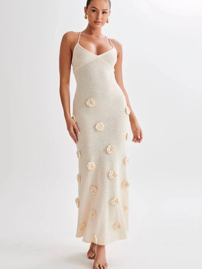 Maxikleid mit Spaghettiträgern und 3D-Blumenapplikationen für Damen