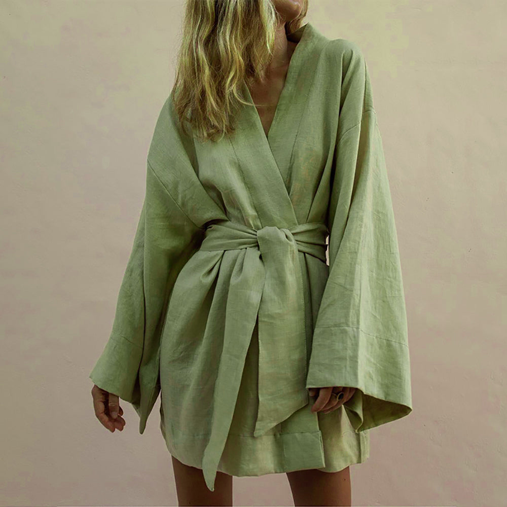 Damen Kimono Kleid Leinen – Boho Stil mit Taillengürtel für den Sommer