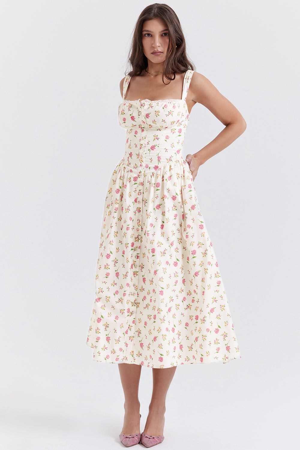 Damen-Midikleid aus Viskose mit Blumenmuster und V-Ausschnitt